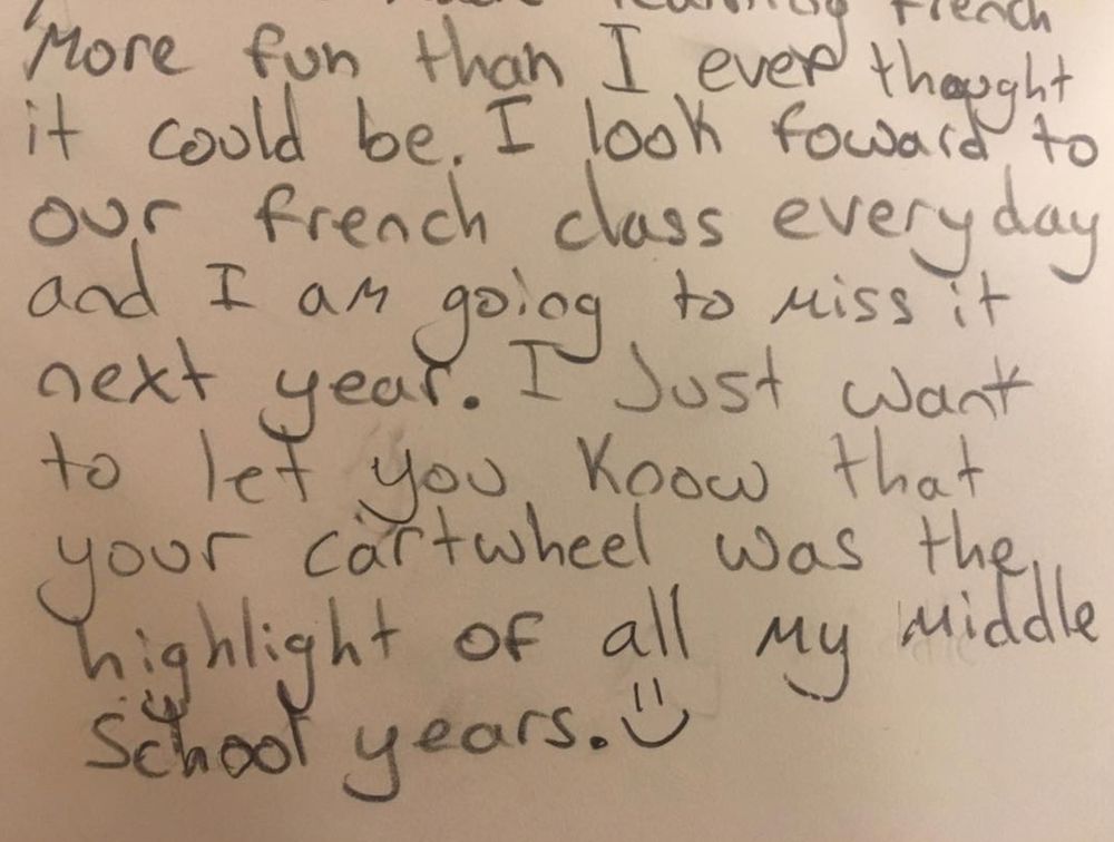 Note from a student about cartwheels
