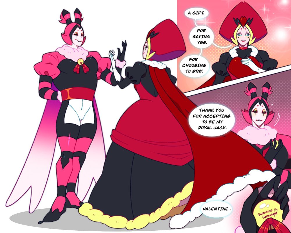 The main visual is my OCs Genevieve and Valentine in some sort of vow.

The smaller visual is a small comic where Genevieve is giving a flustered Valentine a gift; a golden bell with ribbons—with their names engraved behind. 

ALSO A REPOST cause I couldn’t take the L and had to correct a few things in this damn piece 😭😭