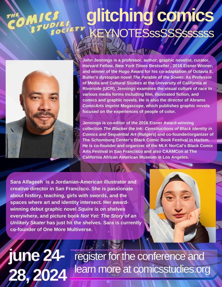 Flyer with two headshot photos, one of John Jennings and one of Sara Alfageeh, accompanied by text boxes with their bios