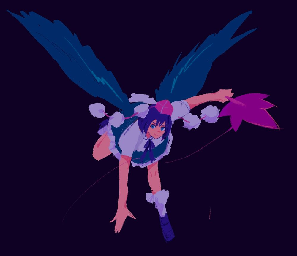 東方　射命丸文のファンアート　黒背景バックピンク系基調で描かれている