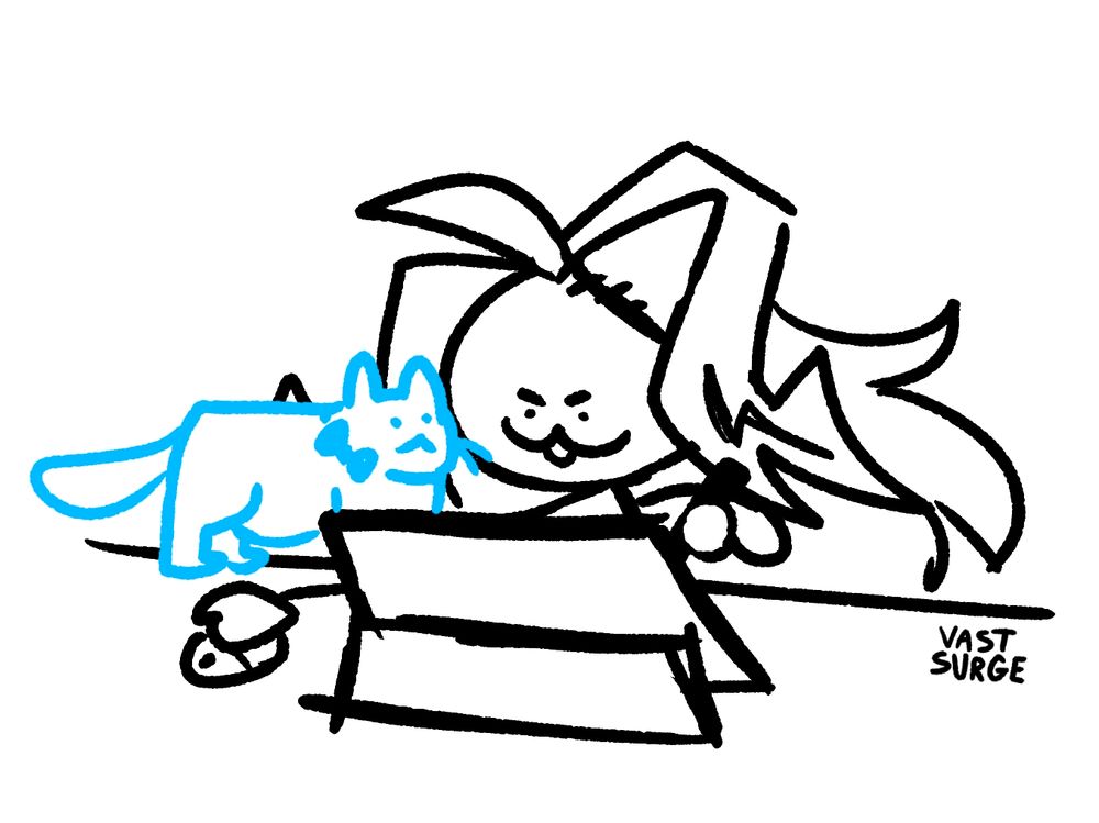 Surge is drawing on her tablet and her cat is standing next to her on top of her desk, staring at her with her face as close to Surge's as possible
