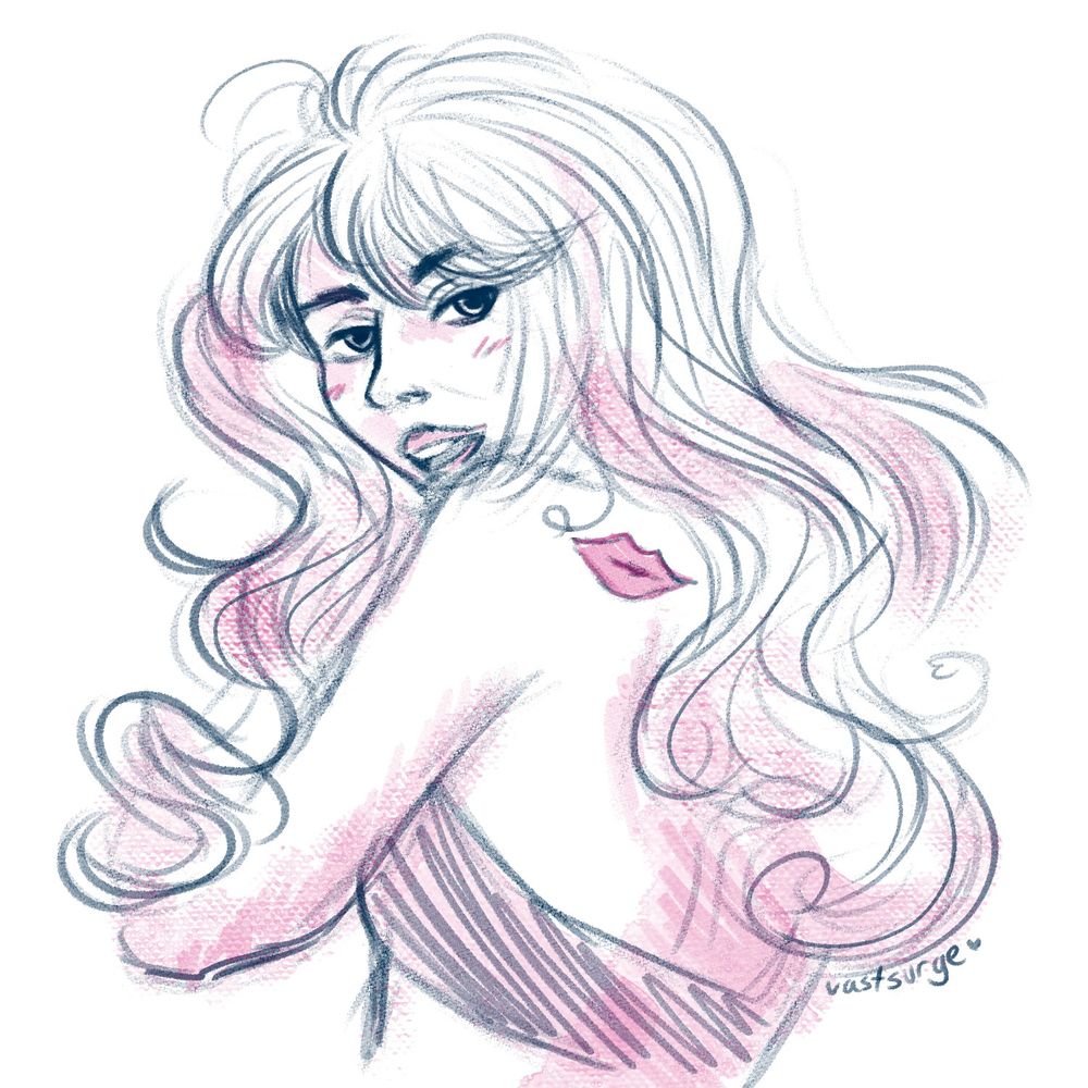 a digital drawing of sabrina carpenter, she's facing the left, looking towards the camera with her back towards it. Her hair is swoopy and windswept. The lines are navy blue and the shading is a rose pink. 