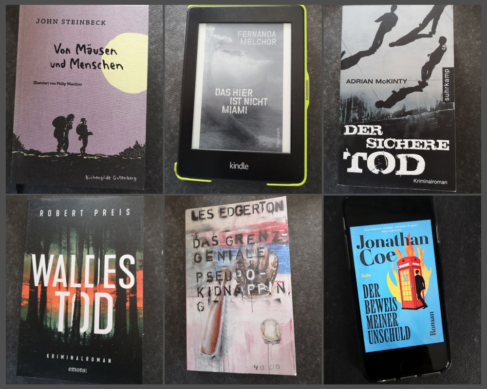 Büchercollage: 
J. Steinbeck: Von Mäusen und Menschen, 
A. McKinty: Der sichere Tod, 
L. Edgerton: Das grenzgeniale Pseudo-Kidnapping, 
F. Melchor: Das hier ist nicht Miami, 
J. Coe: Der Beweis meiner Unschuld, 
R. Preis: Waldestod