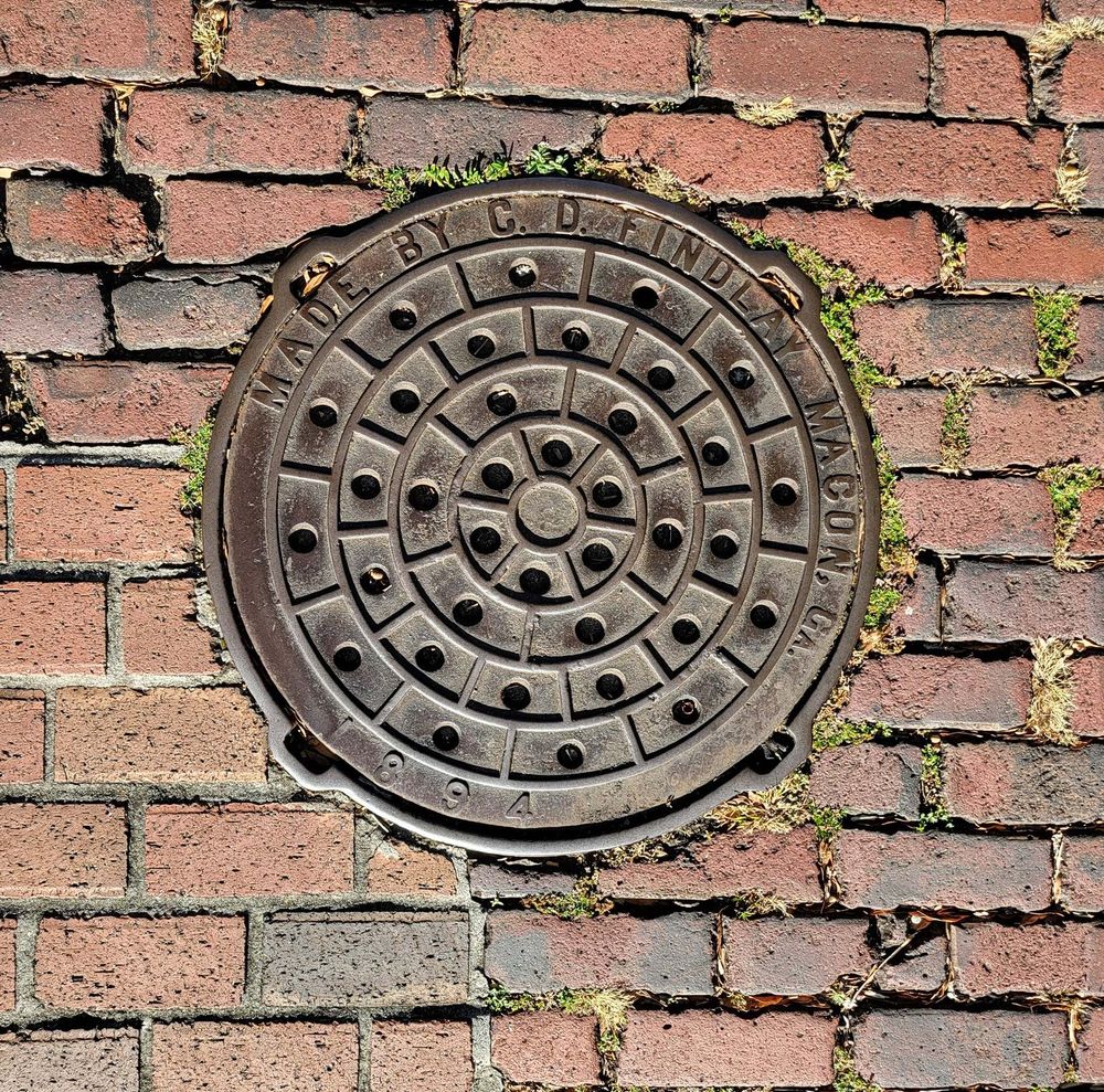 Iron cover on a brick street. Bits of green vegetation grow between the bricks. Design consists of concentric polygons and circles. Lettering on outer edge reads: Made by C D Findlay, Macon, GA 1894.