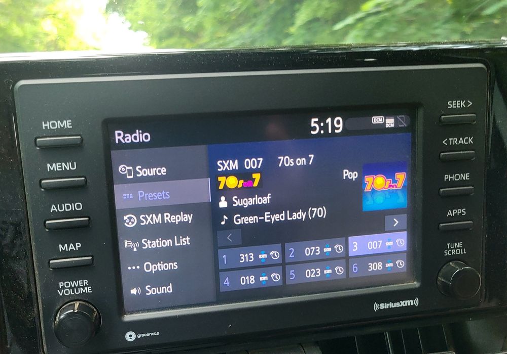 Display of Sirius XM radio, showing that the song Green-Eyed Lady by Sugarloaf is playing.