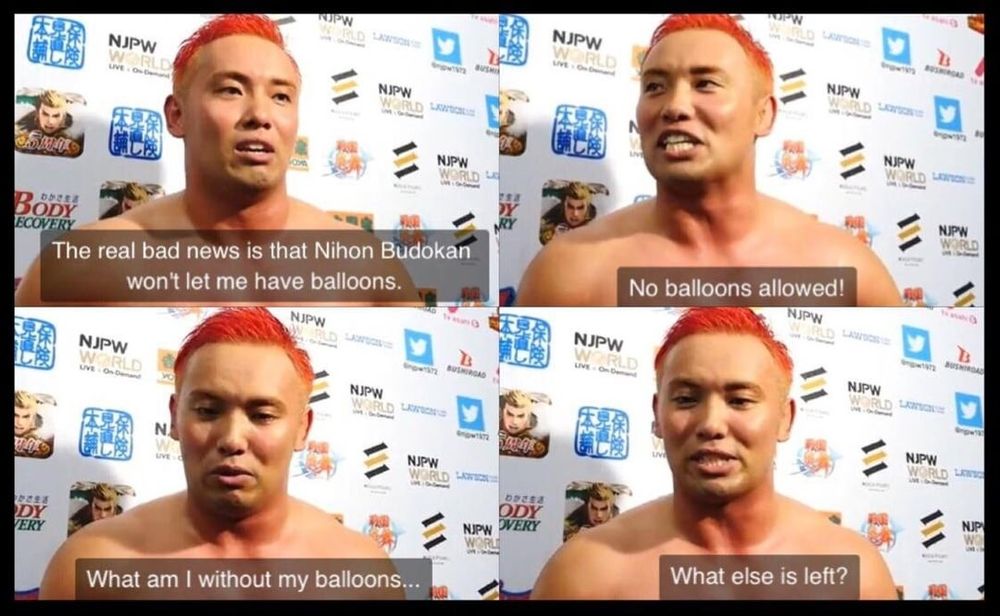 Okada in 4 panels talking about how he is nothing without his ballona. Chris isn't broken this way... Buuutttttt....