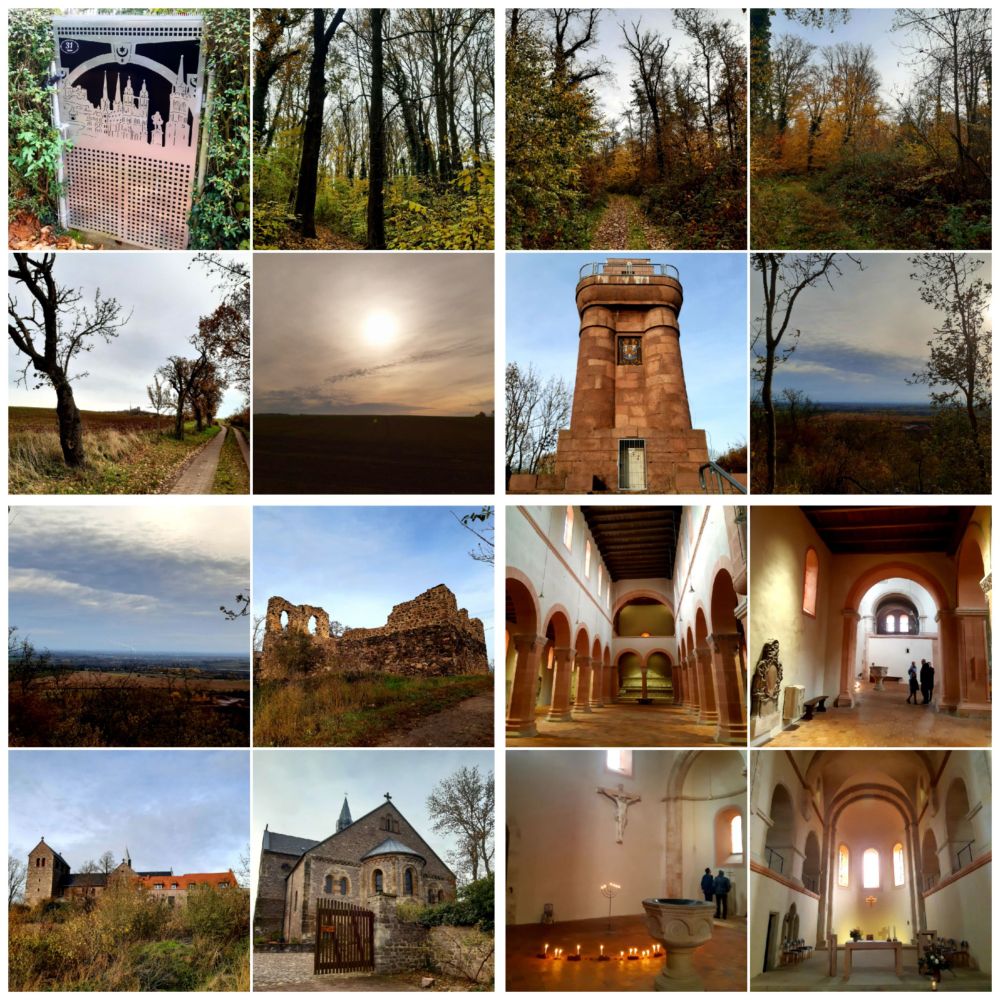 Wanderung auf dem E11-Wanderweg zum Petersberg in herbstlicher Landschaft, auch entlang eines Baches. Auf dem Petersberg zum Bismarkturm und zum Kloster, in welchem früher die Wettiner (Adelsgeschlecht) begraben wurden. 
