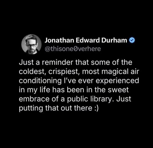 Just a reminder that some of the coldest, crispiest, most magical air conditioning I've ever experienced in my life has been in the sweet embrace of a public library. Just putting that out there. Smiley face.