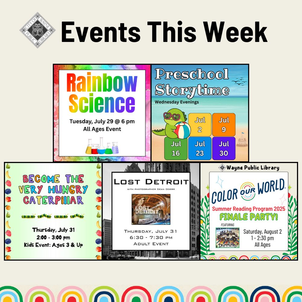 Events this week. Pinecone Flowers, Firework Art, Adult Book Club, Preschool Storytime, and Glow in the Dark Dance Party.