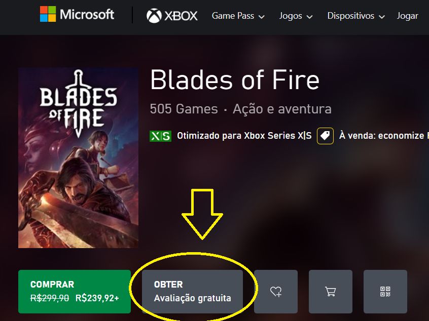 Imagem da página do jogo Blades of Fire na loja de Xbox mostrando informações do jogo e um botão de avaliação gratuita em destaque