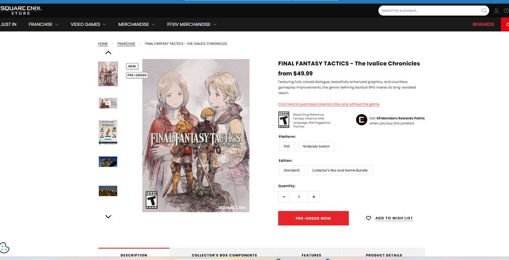 Square store page for Final Fantasy Tactics showing options for ps5 or switch releases 