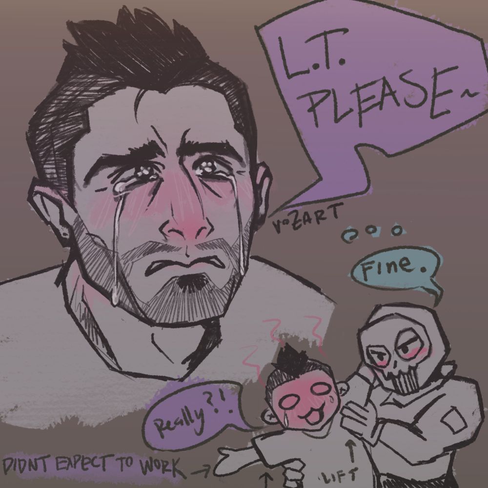 soap being a lil cry baby and saying 'lt please'

ghost, giving into the puppy eyes lifts him saying 'fine.", but soap is very surprised and flushed because of it saying 'really?"