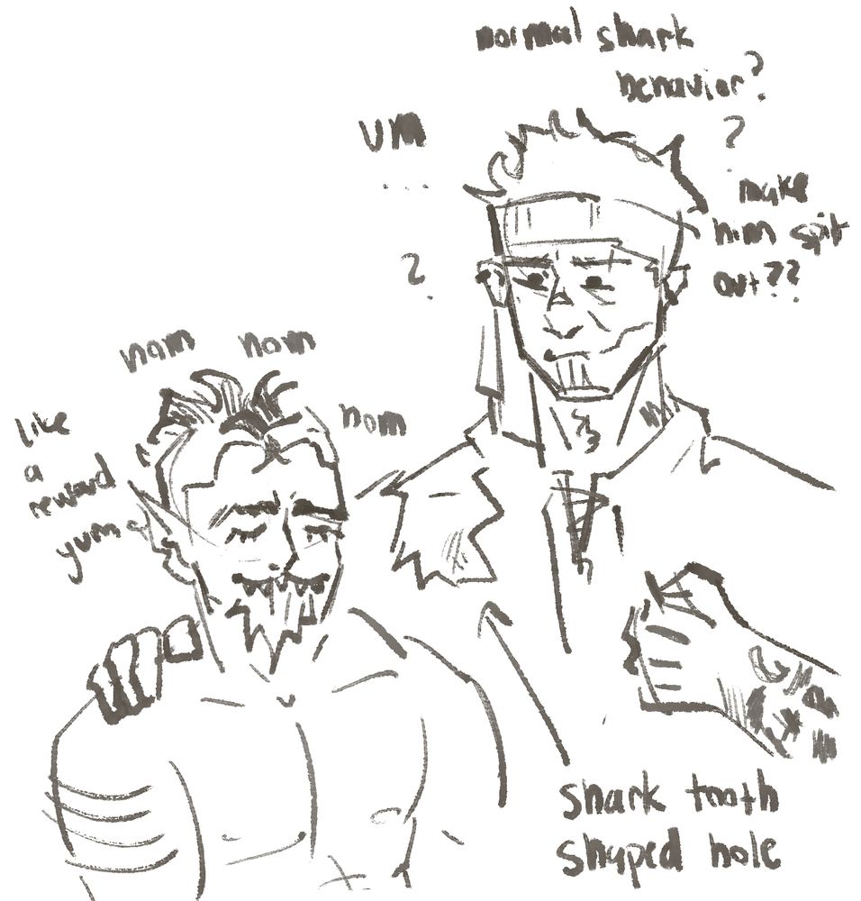 sketch of simon staring down confused with a shark bite out of his shirt. soap is eating a nice chunk of cloth. 