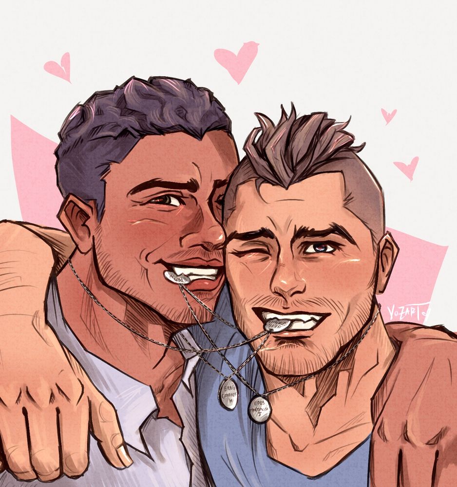 a picture of soap and gaz holding each other’s dog tags in their mouths and flashing their pearly whites (no homo but let’s be real it’s super homo) 
