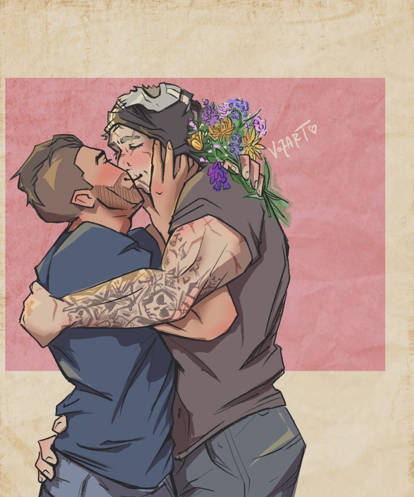 soap n ghost kissing. ghost has his mask pushed to the top of his head. soap is holding his face- the other hand holding the boquet pressed against ghost's back. ghost is holding soap around the back and one hand is .... very interestingly low on soaps back. 