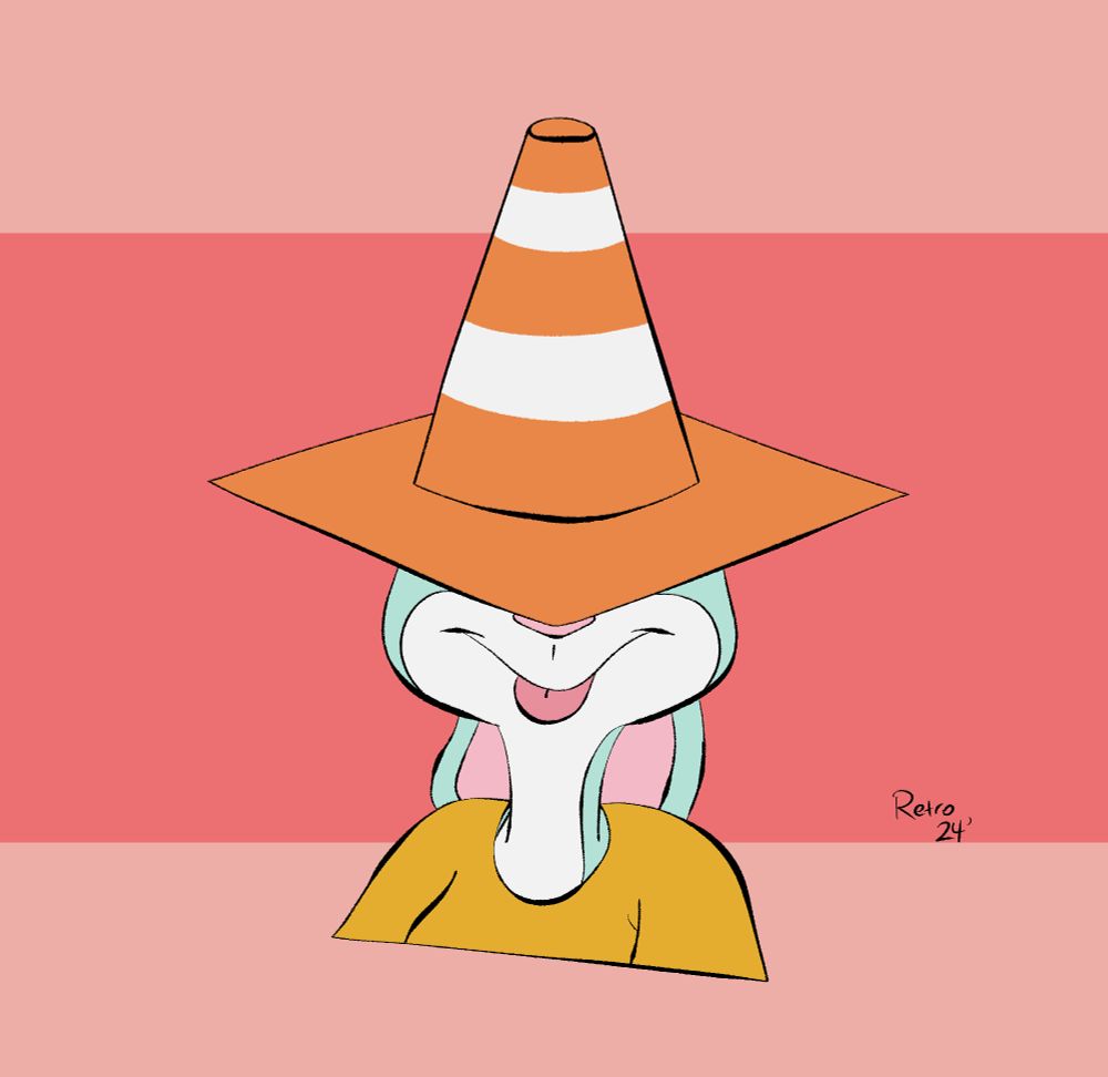A drawing I made of my bunny character Retro wearing a traffic cone and doing a blep