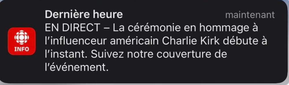 Capture d'écran de Radio-Canada qui diffuse la cérémonie de Charlie Kirk. 
