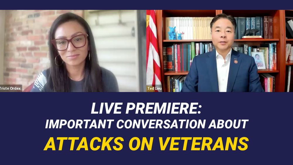 Picture of Rep. Lieu and Tristeza Ordex speaking overlayed a blue background with white and yellow text below: 