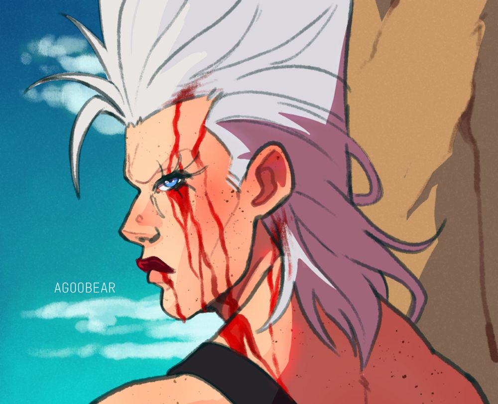 An artistic screen shot redraw of a frame from Jojo's Bizarre Adventures Part Three: Stardust Crusaders. It shows the character Polnareff, bloodied from a fight, looking over his shoulder at the viewer with a serious expression.