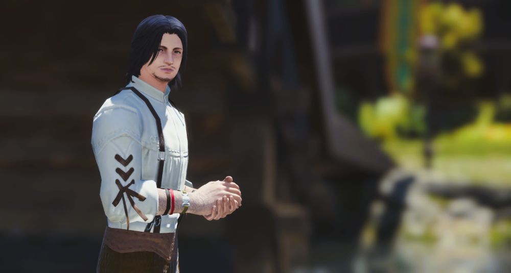 Scenic FFXIV gpose of a Hyur man with long brown hair and suspenders, doing the wring hands emote. He's under a Shroud bridge on a sunny day.