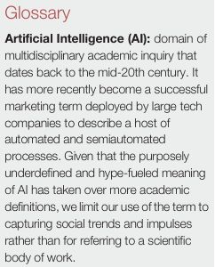Artificial Intelligence (AI)
domain of multidisciplinary academic inquiry that dates back to the mid-20th century. It has more recently become a successful marketing term deployed by large tech companies to describe a host of automated and semiautomated processes. Given that the purposely underdefined and hype-fueled meaning of AI has taken over more academic definitions, we limit our use of the term to capturing social trends and impulses rather than for referring to a scientific body of work.