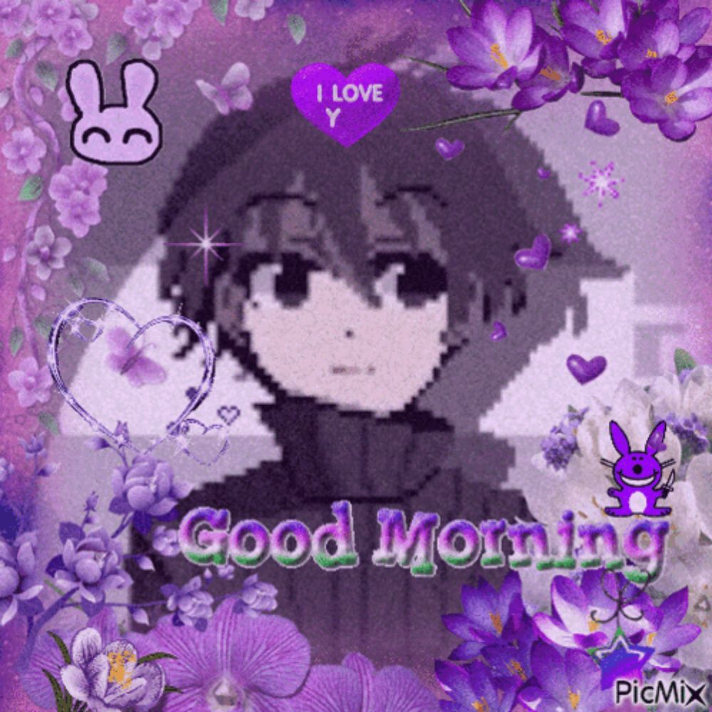 a picture of a boy with purple flowers and a heart that says " i love y "