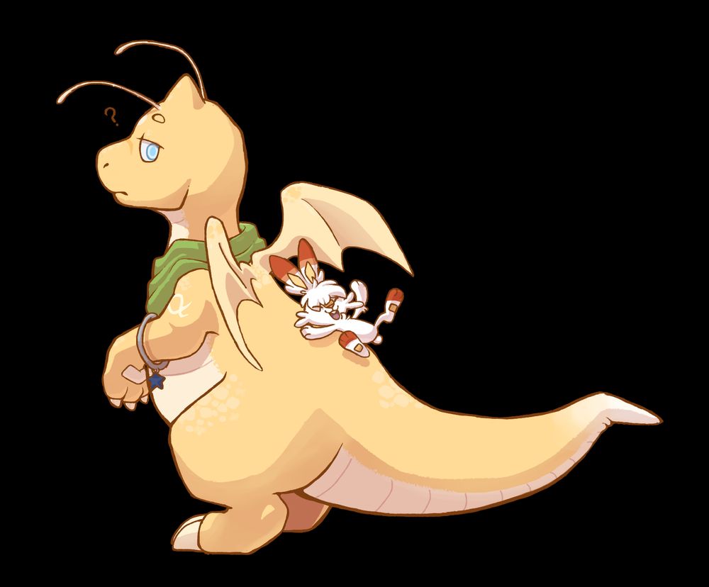 A dragonite with a lil scorbunny sliding down his back