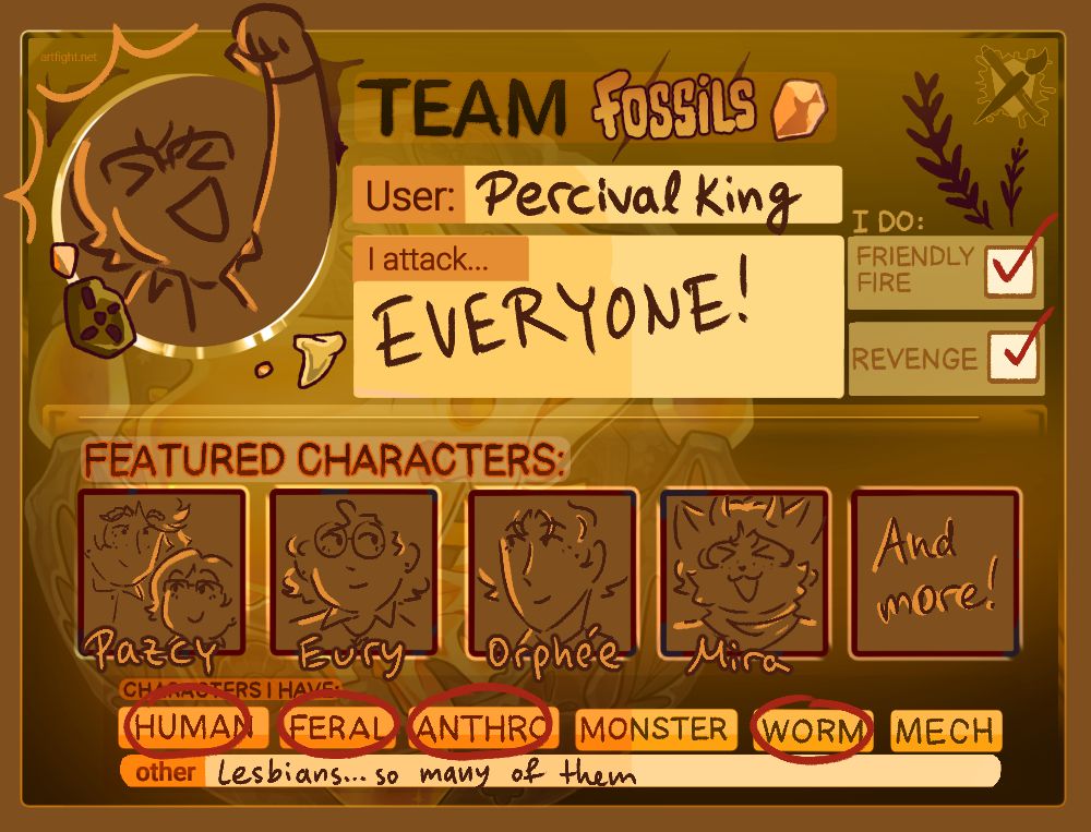 Fossils Artfight team card of Pazdeflore aka user PercivalKing on Artfight.