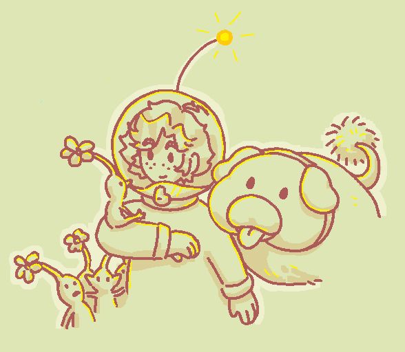 Percy as a little astronaut from Pikmin 4 looking at a Pikmin sitting on her arm. Oatchi looks over Percy's shoulder.