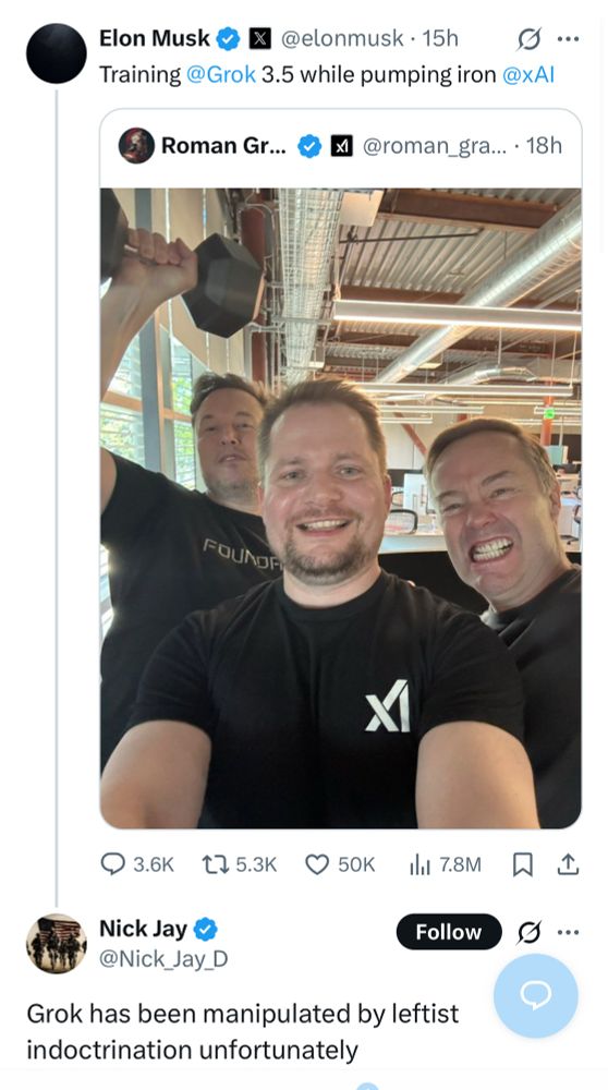 Elon posting himself lifting a barbell and talking about training Grok 3.5