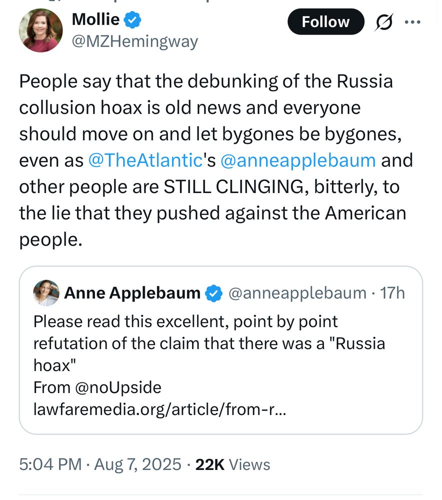 People say that the debunking of the Russia collusion hoax is old news and everyone should move on and let bygones be bygones, even as @TheAtlantic's@anneapplebaum and other people are STILL CLINGING, bitterly, to the lie that they pushed against the American people.
