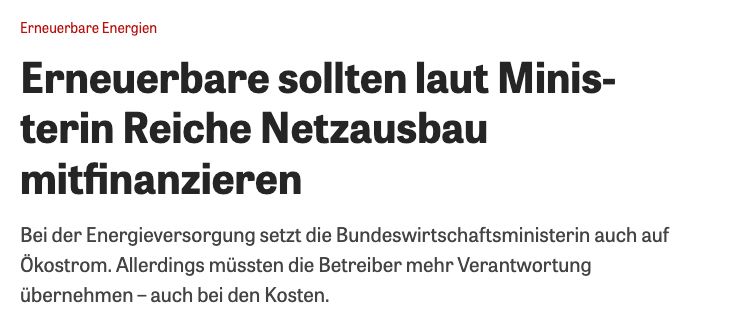 Erneuerbare sollten laut Ministerin Reiche Netzausbau mitfinanzieren.