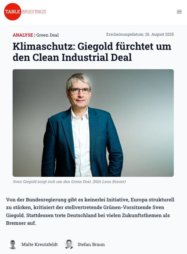 Klimaschutz: Giegold fürchtet um den Clean Industrial Deal.