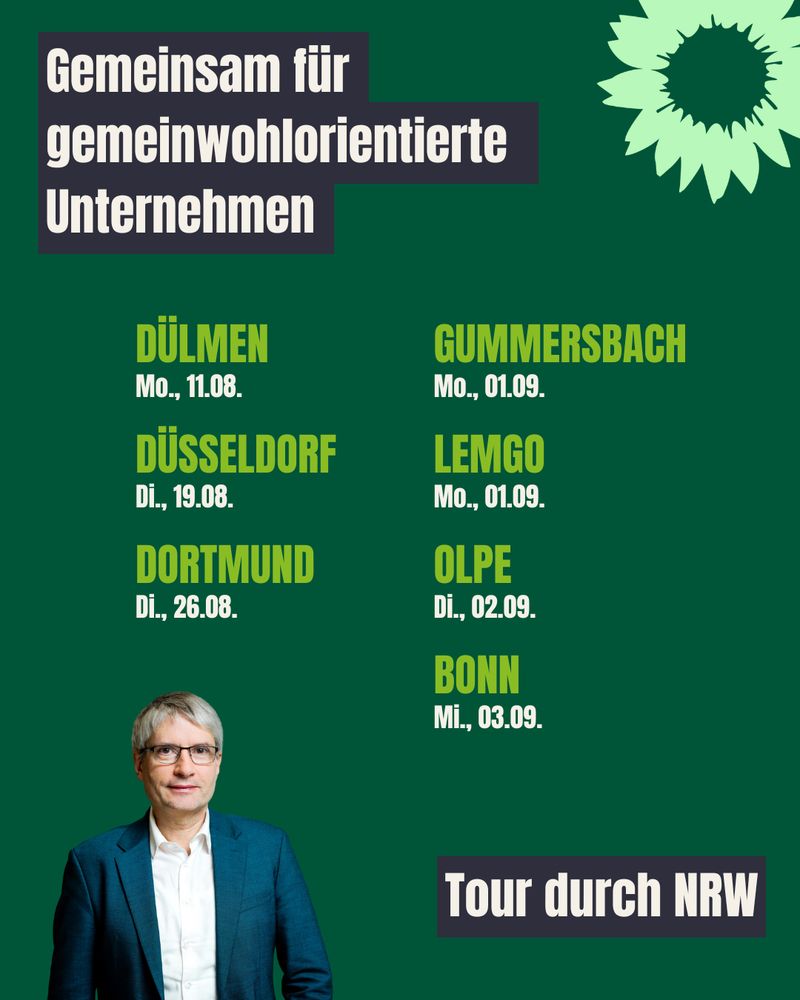 Das Bild zeigt Sven Giegold, der eine Tour durch NRW zu gemeinwohlorientierten Unternehmen durchführt. Er wird am 11.08. nach Dülmen, am 19.08. nach Düsseldorf, am 26.08. nach Dortmund, am 01.09. nach Gummersbach und Lemgo, am 02.09. nach Olpe und am 03.09. nach Bonn kommen. 