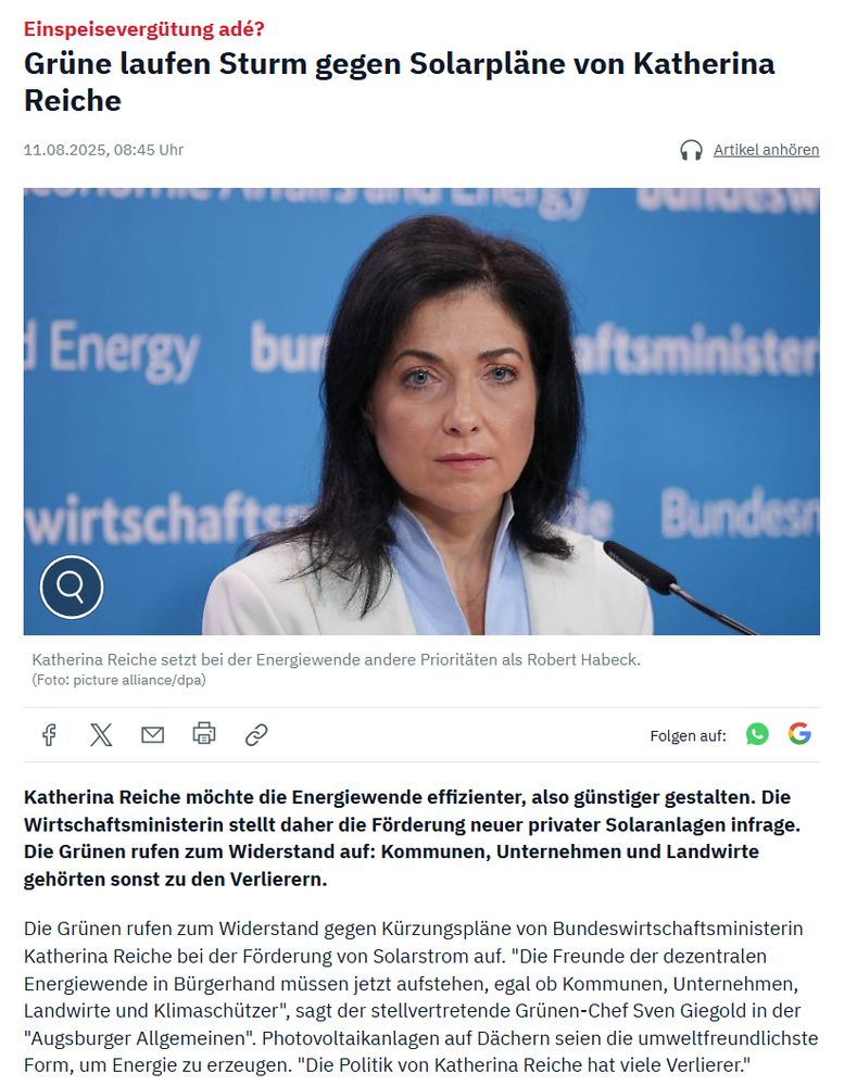 Grüne laufen Sturm gegen Solarpläne von Katherina Reiche