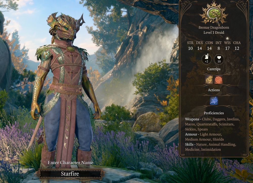 Bronze dragonborn level 1 druid circle of stars subclass named Starfire