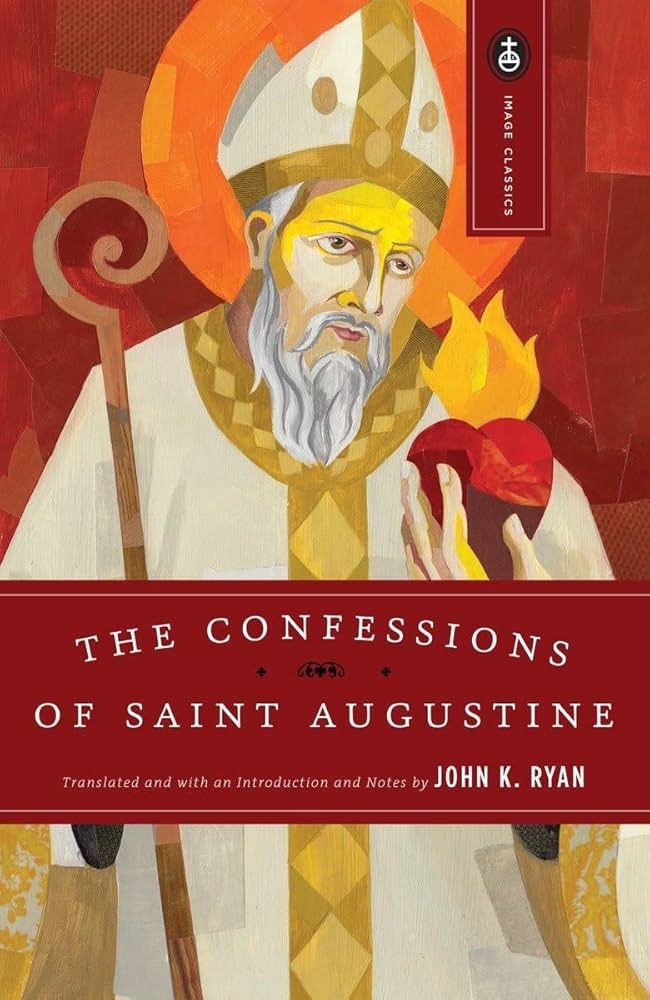 The book cover of _The Confessions of Saint Augustine_ is an artistic rendering suggesting stained glass, of Augustine wearing religious robes and holding a flaming heart.  Part of the image is covered by a red box with the title in white text.