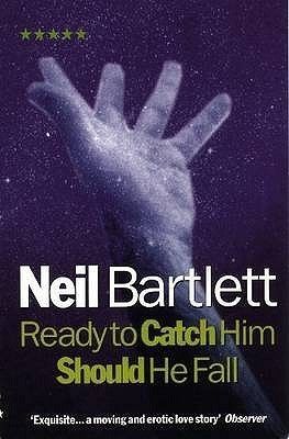 The book cover for Neil Bartlett's novel _Ready To Catch Him Should He Fall_ features an image of an outstretched hand; the image is tinted purple and is slightly blurry, as if from an aged photograph or a picture taken underwater.  Text superimposed over the image features the author's name in white and the title of the book in an olive green.