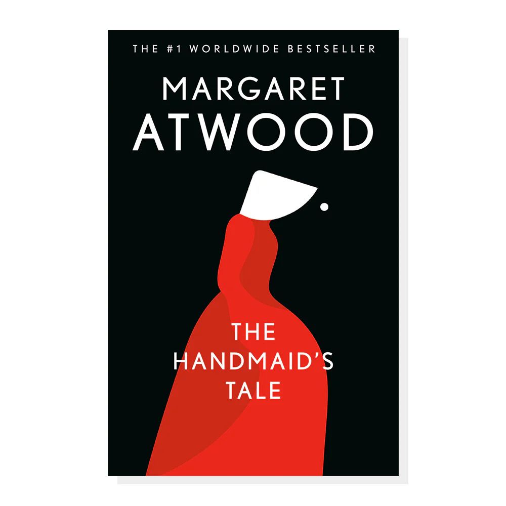 A book cover of Margaret Atwood's _The Handmaid's Tale_ features the title in white text on a black background, and an abstract image suggesting a woman wearing a red dress and a large white bonnet.