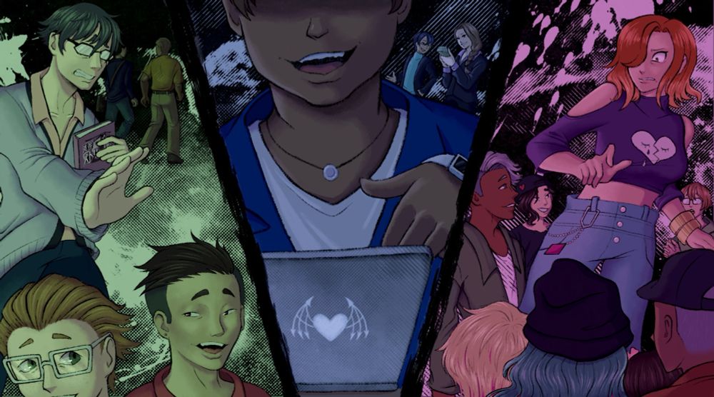 On the left side, the Deep Rivers Society is walking away from Fuya Kawahara.

In the center, Motoi is conspiring behind his team’s back. The Purehearts are holding money in reference to the fundraiser move in his boss fight.

At the right, Kanon is backing away from the Variabeauties who are looking at her in admiration.