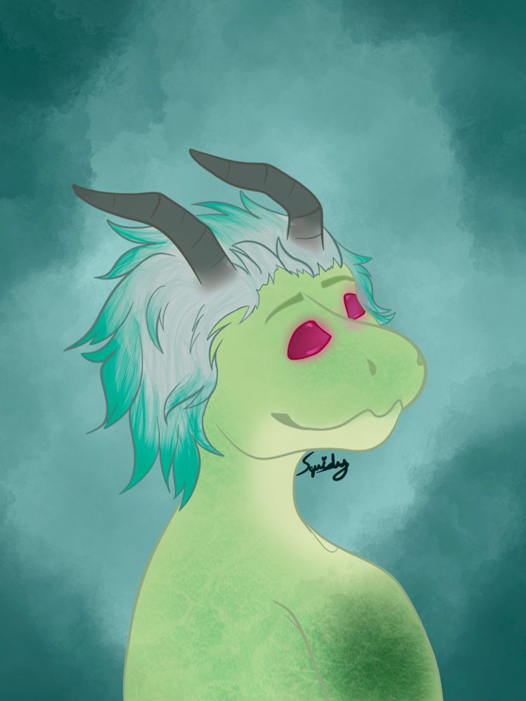 Scaly dragon with grey flowing hair thats teal at the tips. Also red glowing eyes