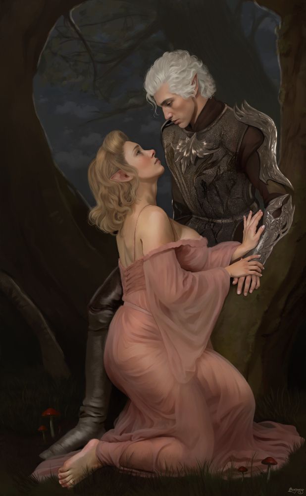 Painting inspired by Lamia by John William Waterhouse
Celia is wearing a dusty rose sheer long dress, kneeling in front of Astarion with her hands lovingly touching his left arm, as he is walking towards her from behind a tree in the woods at night. Around Celia, a few small mushrooms are growing, representing her being a Circle of spores druid.

tags:

#BG3 #BG3Art #Astarion #tavstarion