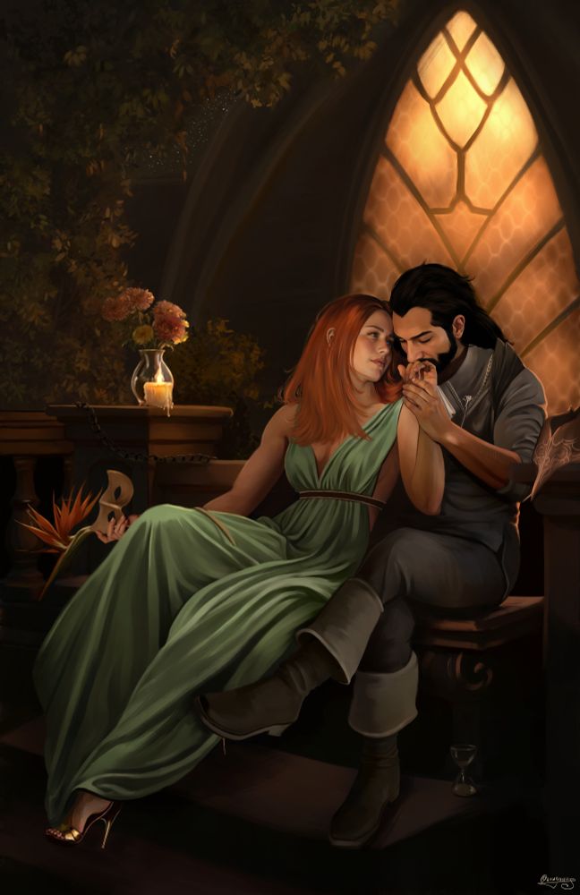 Painting depicting Lucanis and Brook sitting on a stone bench at night. He is holding her hand and kissing it, while she leans back and looks at him lovingly. Behind them the city of Treviso. 
Next to them on the left, there's a vase with chrysanthemums and asters, and next to it a burning candle. Under it, a chain is wrapped around one of the pillars of the bench. On the right, a mask, suggesting, together with her holding another in her hand, that they are taking a moment to themselves during a masquerade.
She is also holding a strelitzia flower in her hand. 
On the bottom right side of the painting, there is also a small hourglass.

The painting is heavily referencing "The Kiss" by artist Wilhelm Menzler (1924)

Tags:

#lucanis #LucanisDellamorte #rookanis #DAV #Veilguard