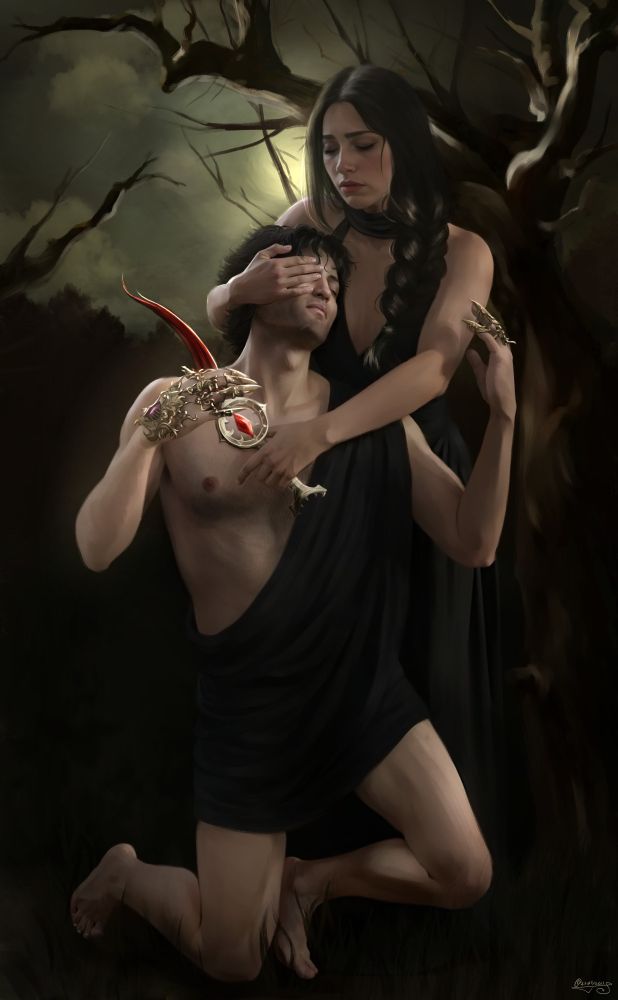 Digital painting of a Dark Urge character, Moïra, standing behind a kneeling Enver Gortash from BG3. She is holding him gently, while also holding the Bloodthirst dagger to his neck. She is wearing a long black sleeveless dress, and he is wearing a short black one side toga, with part of his chest left bare.
Moïra is covering one of his eyes, and looking sadly down at him.
Behind them a dark landscape with barren trees and the moon barely visible behind fog and clouds.

tags:
#durgetash #BG3 #BG3art #Baldur'sGate3
