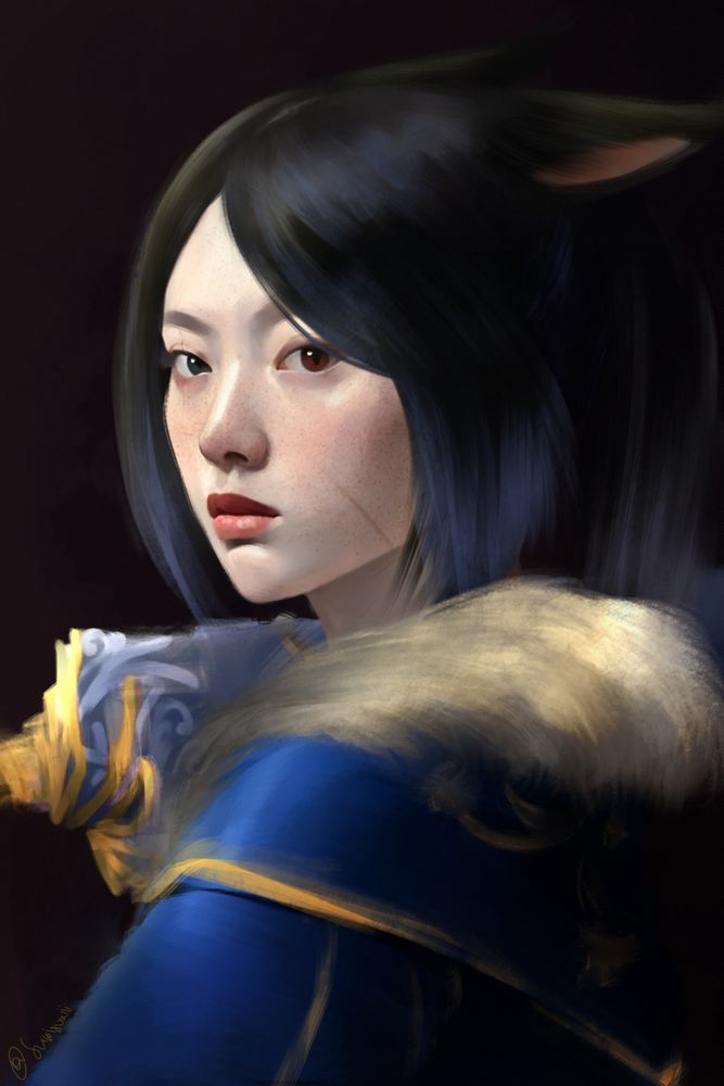 Portrait of my partner's FFXIV character (a pale skinned fem seeker miqo'te, with freckles, dark black and blue hair in a ponytail, heterochromatic blue and red eyes, and a scar on her left cheek) looking over her shoulder at the viewer. She is holding the Blue Mage Gentlemage's Umbrella on her right shoulder. The pose is intentionally resembling the painting "Girl with a pearl earring" by Vermeer. I drew this as a gift for my partner when he completed "All that glitters is Blue" in FFXIV.