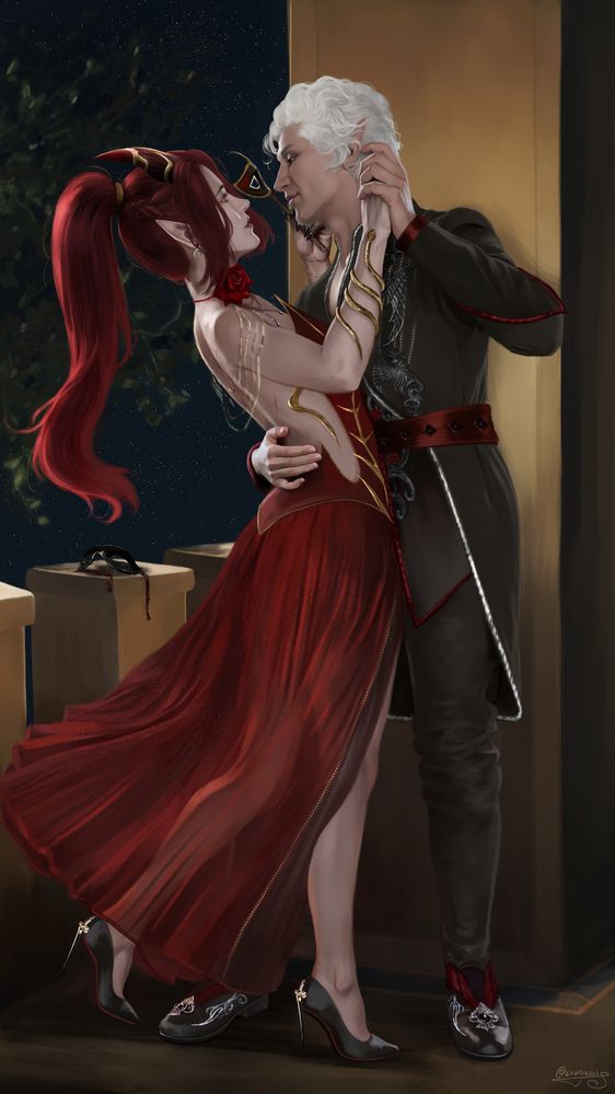 digital painting depicting Astarion and @scarstarion.bsky.social 's charater Scarlet. He is wearing the eminent outfit, open on the chest, black with details in red and silver. She is wearing a long red corset dress, with details in gold and a pleated sheer red long skirt. They're outside on a balcony in the crimson palace at night, she's holding a mask and another one is resting on the side, suggesting that they're taking a moment to themselves during a masquerade. He is holding her close with his right arm around her waist, and his other hand holding hers as they dance and playfully smile at each other.

tags:

#BG3 #BG3Art #Astarion #tavstarion #durgestarion