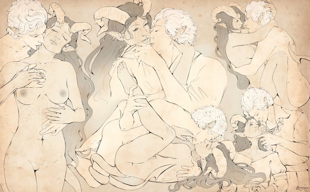 sketch page with 5 poses:
1) him biting her neck while embracing her from behind, fully naked
2) him pulling the shoulder of her shirt down with a finger while his lips get closer to her neck, her hand behind his head as she holds him close
3) them in a missionary position, he is holding one of her legs up and she has her tail wrapped around one of his legs
4) him tilting her chin up and distracting her while she was reading a book
5) lotus position as they look into each other's eyes
