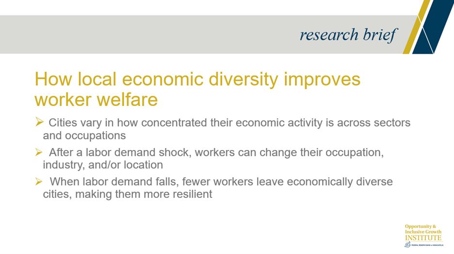 Image description: How local economic diversity improves worker welfare: Cities vary in how concentrated their economic activity is across sectors and occupations, After a labor demand shock, workers can change their occupation, industry, and/or location, When labor demand fails, fewer workers leave economically diverse cities, making them more resilient