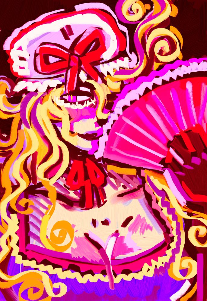 a bust-up digital painting of yukari yakumo covering half her face with a fan and smiling in a sinister way.