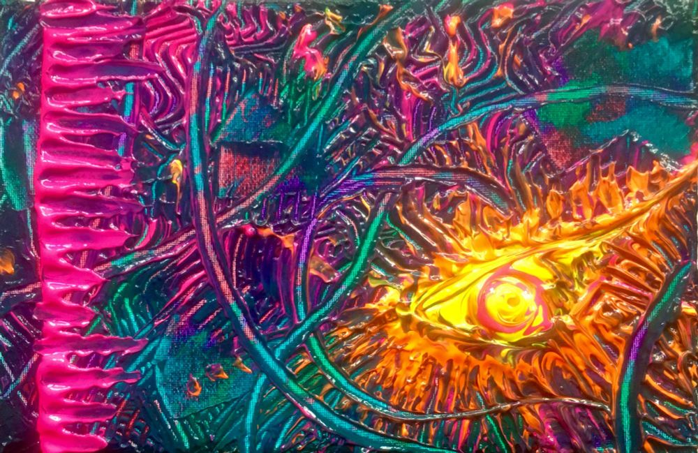 an abstract acrylic painting. on a dark teal background, an eye-sun rises in flames of orange. there is a hot pink line to the left of the piece.